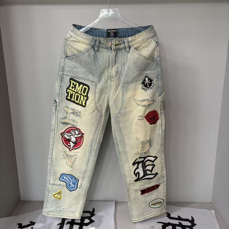 2025 Spring and Autumn New Mix Embroidered Letter Angel Pattern Jeans for Men and Women Same Style One Piece Wholesale Dropshipping