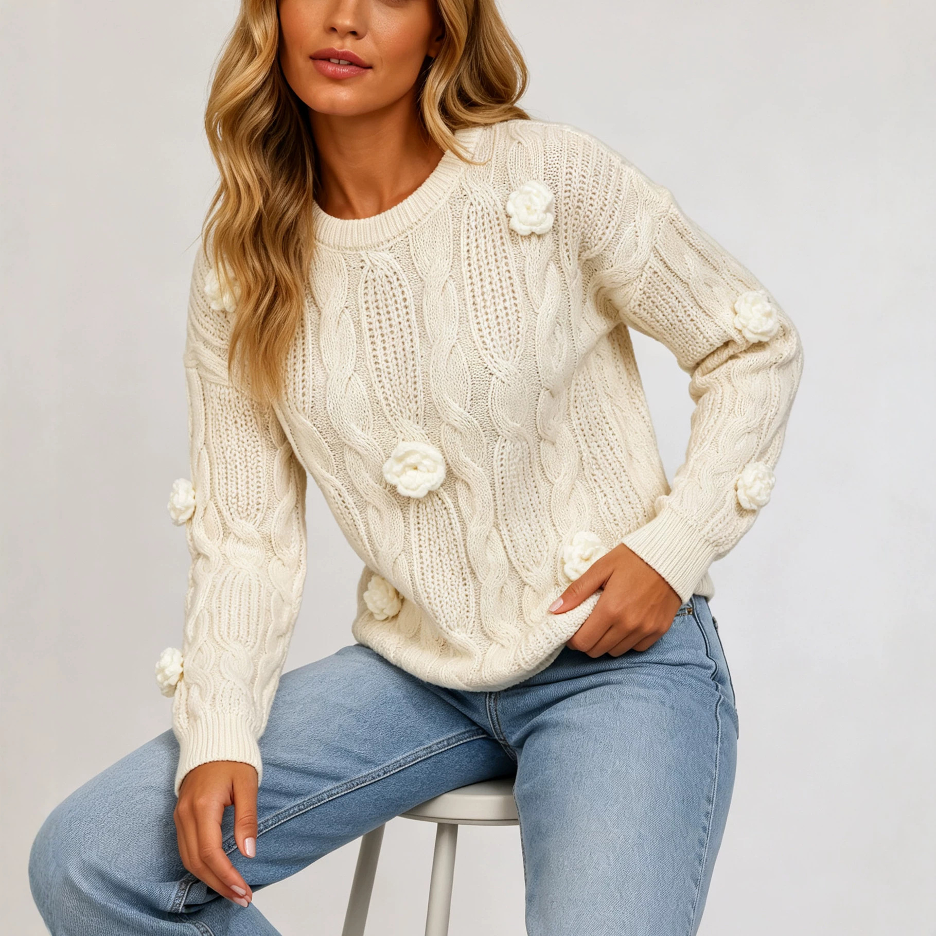26 new models of heavy industry European products, chic and high-end three-dimensional embroidery rose crochet raccoon velvet sweater for women