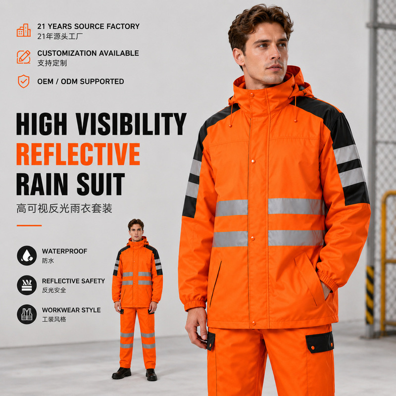 Orange Reflective Raincoat and Rain Pants Set, Oxford Cloth with Pvc Coating, Adult Split-Type Workwear Raincoat Orange Reflective Raincoat and Rain Pants Set, Oxford Cloth with Pvc Coating, Adult Split-Type Workwear Raincoat