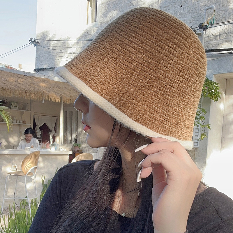 Sombrero de pescador para mujer nuevo Otoño e Invierno Cordero felpa color a juego sombrero de cubo estilo japonés todo partido cálido a prueba de sol sombrero de lavabo de punto