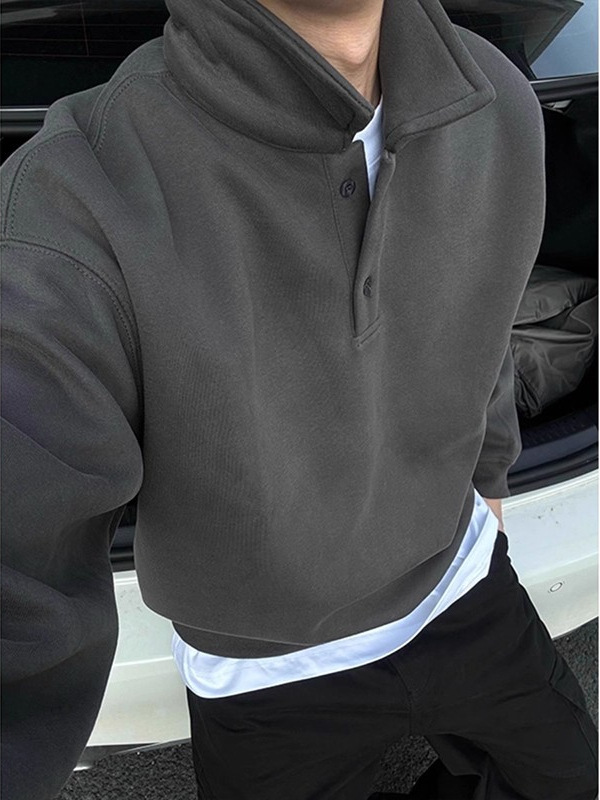 黑色polo领卫衣男春秋款美式潮牌内搭衣服高级感痞帅重磅套头外套