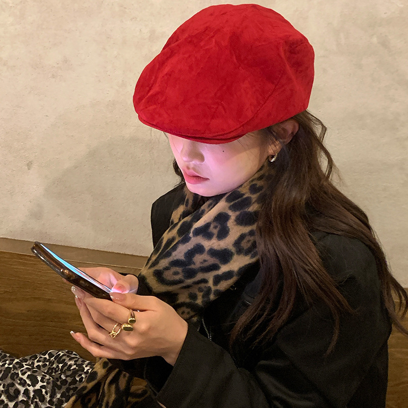 [My Head Is Not Round] Suede Ankora Red Forward Cap Women's Autumn and Winter Face Duckling Beret