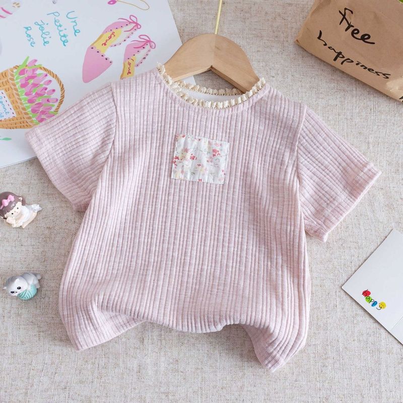 綿女の子スーツ 2025 新しい夏の子供の韓国花柄半袖 Tシャツ女の赤ちゃんレースパンツスーツ|undefined