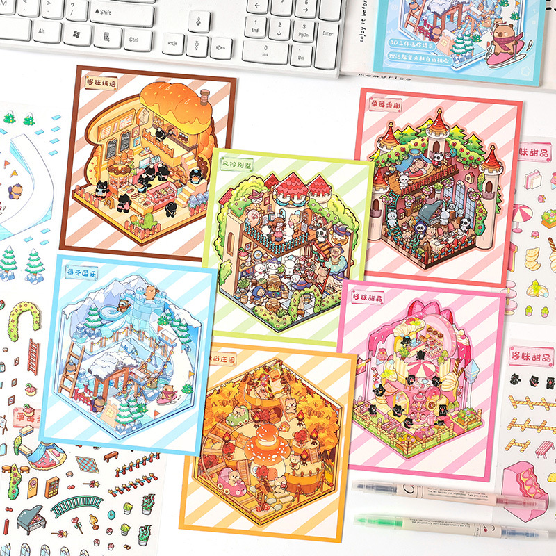 Pegatinas de paisajismo en 3D de Yuezhen, película de corte de dibujos animados de vacaciones felices, descompresión de pegatinas de paisajismo de rompecabezas de bricolaje para niños