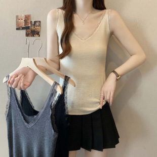 2025 New Summer Style V Neck Splicing Lace Versatile Knitted Vest Women's Large Size Slim Suspender Top