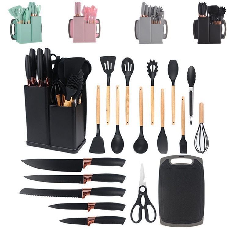 19 conjuntos de utensilios de cocina antiadherentes transfronterizos, tabla de corte de utensilios de cocina con barril de almacenamiento, conjunto de herramientas de corte
