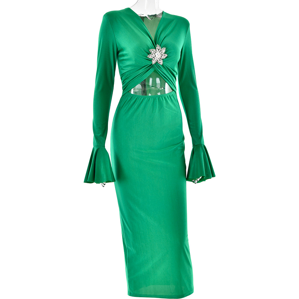 Women's Clothing spring and summer new V neck trumpet sleeve dress fashionable temperament sexy hot girl tight fishtail skirt_ipsvogv.com