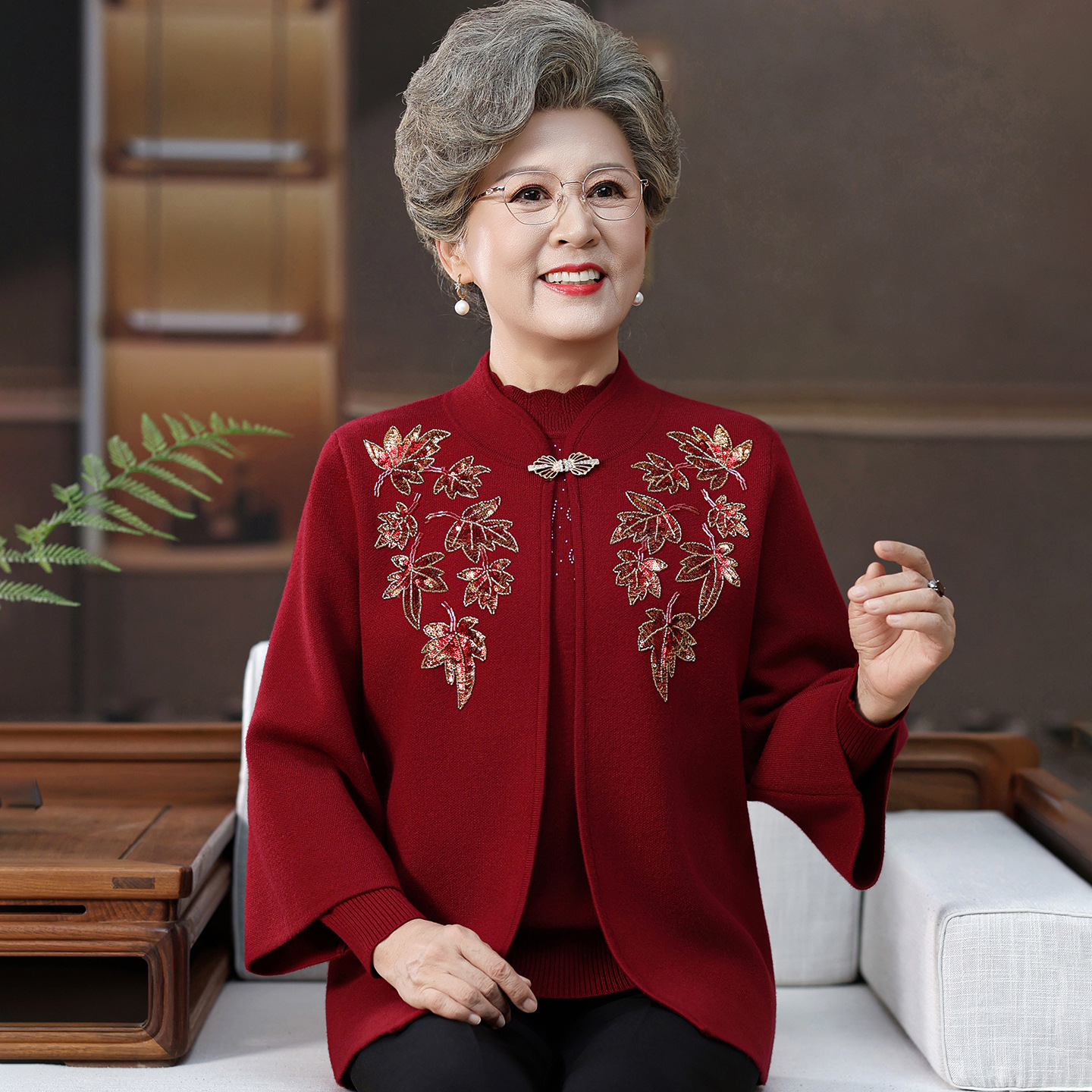 中老年女装秋冬新款针织两件套上衣开衫婚宴喜婆婆绣花妈妈装外套，女装套装/套裙，妃慕昵服饰