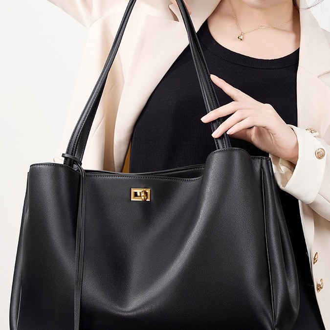 Túi Tote Da Bò Dung Tích Lớn Kiểu Kelly Đeo Vai Đeo Chéo Khóa Sát Nách — Khóa ngang vàng đen da bò, Khóa ngang màu đen bạc bằng da bò, Khóa dọc bằng da bò màu đen vàng, Khóa dọc bằng da bò màu đen bạc