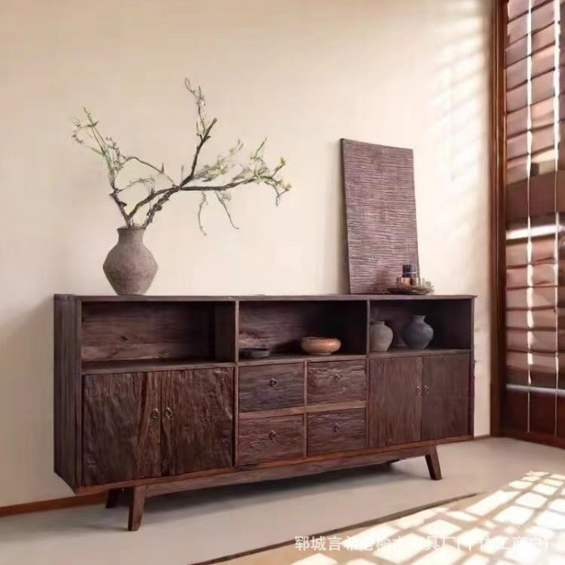 侘寂风老榆木餐边柜复古斗柜中古实木民宿储物矮柜玄关柜中式柜子