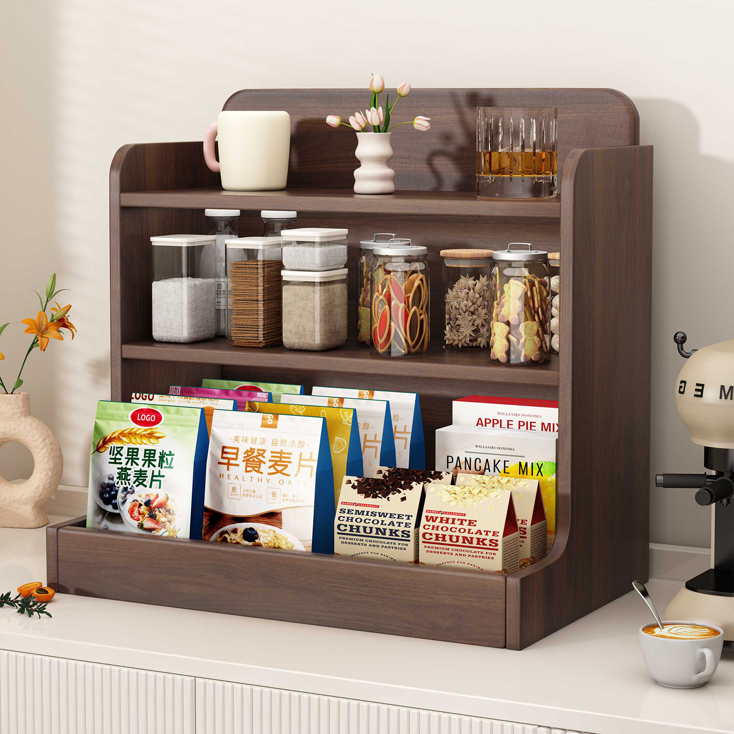 Walnut Solid Wood Dining Table Tea Set Tea Desktop Storage Rack Coffee Tea Cup Shelf Placement Cabinet Storage Rack Sideboard