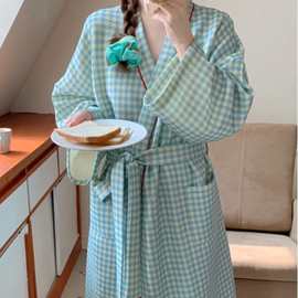 韩国ins加厚睡衣女韩系格子简约舒适加厚睡袍休闲宽松慵懒家居服