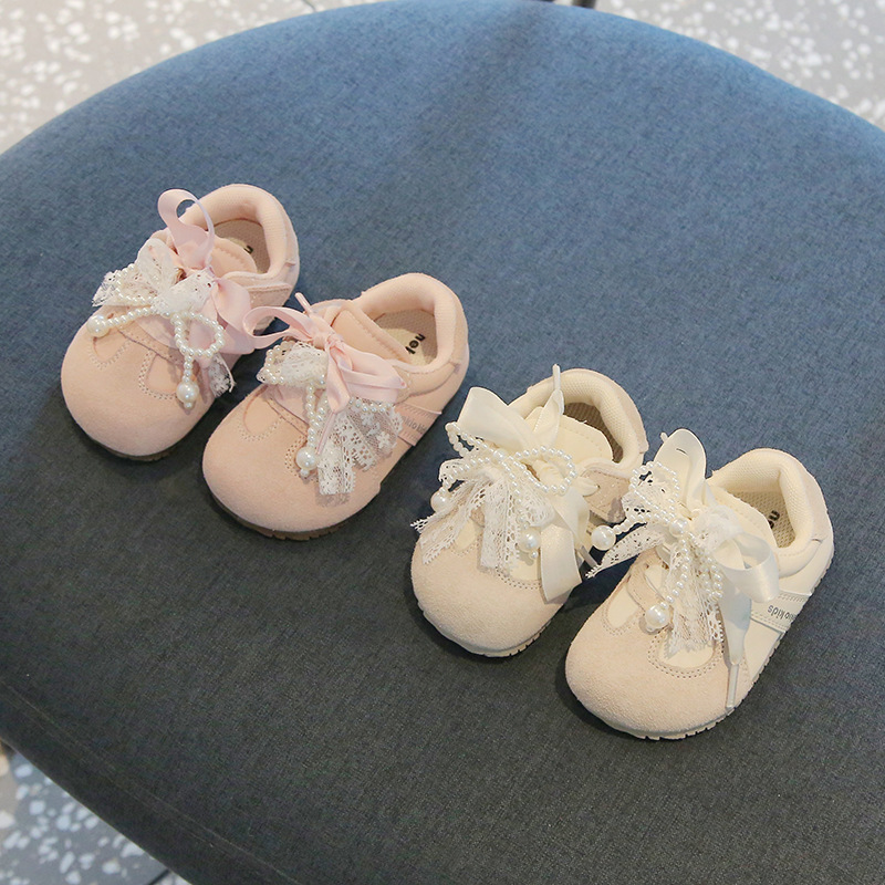 2025 Autumn Lace Bow Girls Princess Shoes Soft Sole Baby Girls Sneakers Fashionable Children's Toddler Shoes