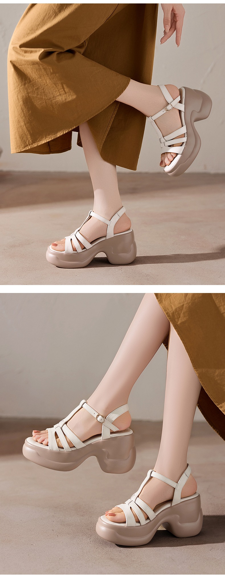 Sandal nữ hở mũi da bò thật gót xuồng đế dày quai chữ T — màu trắng ngà chi tiết 8