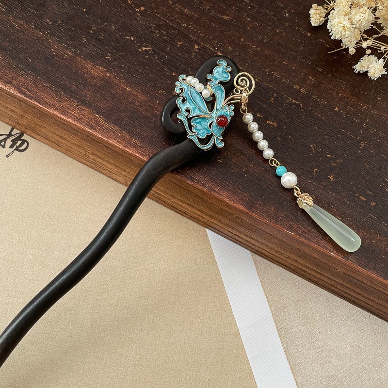 번트 블루 나비 진주 펜던트 머리핀 [에보니]