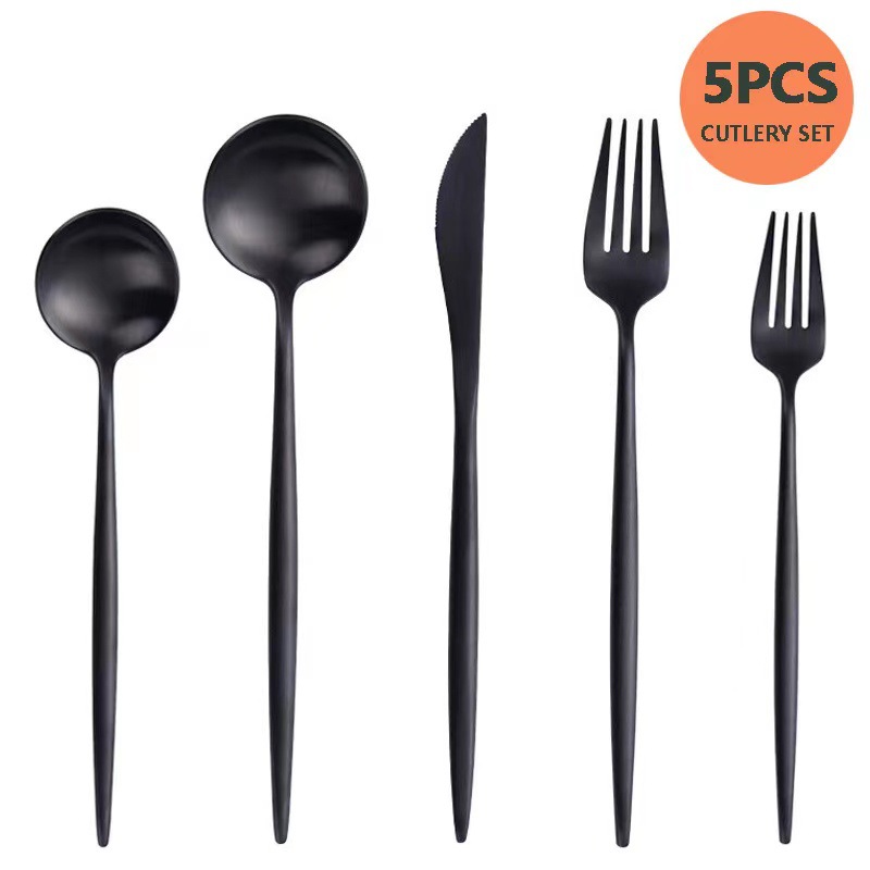 Suministro transfronterizo de Portugal cuchillo de lijado, tenedor y traje de cuchara Cuchara y tenedor de postre de acero inoxidable de estilo occidental de 5 piezas Cuchillo y tenedor