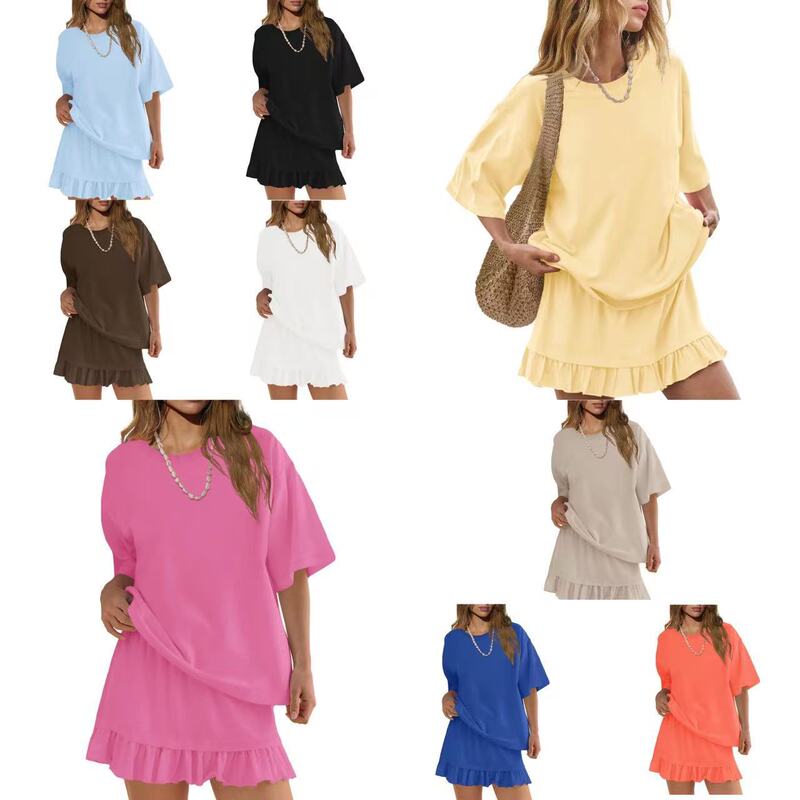 2026 New Amazon European and American Cross-Border Casual Fashion Solid Color Short-Sleeve Short Skirt Set