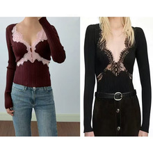 2025秋冬新款时尚气质蕾丝镂空拼接V领修身显瘦针织打底衫上衣