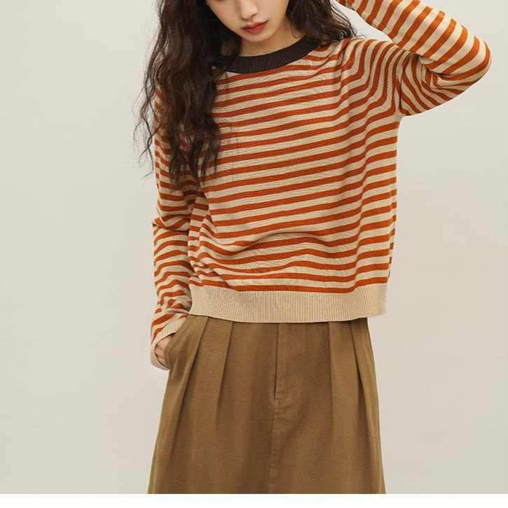 Botanical "Scandinavian Color Series" Contrast Color Collar Merino Stripe Sweater Women's Spring and Autumn Lazy