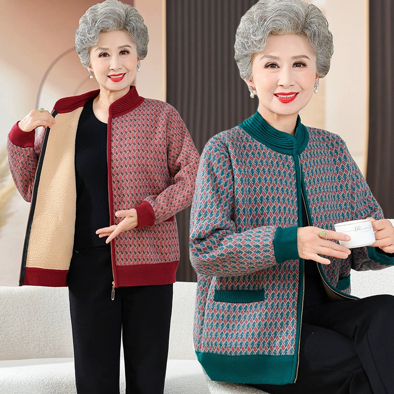Мама осень застежка на молнии свитер 2024 новый трикотажный кардиган средняя пожилая бабушка бархатная теплая куртка топ