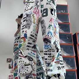 美式复古涂鸦工装裤男女街头宽松百搭薄款透气阔腿直筒长裤