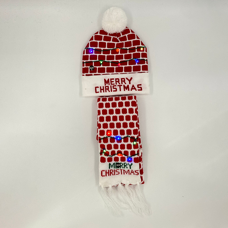 Fabricante transfronterizo de gorros navideños europeos y americanos tejidos en jacquard, gorros navideños de lana con luces LED, gorros navideños con pompón y bufandas. image 4
