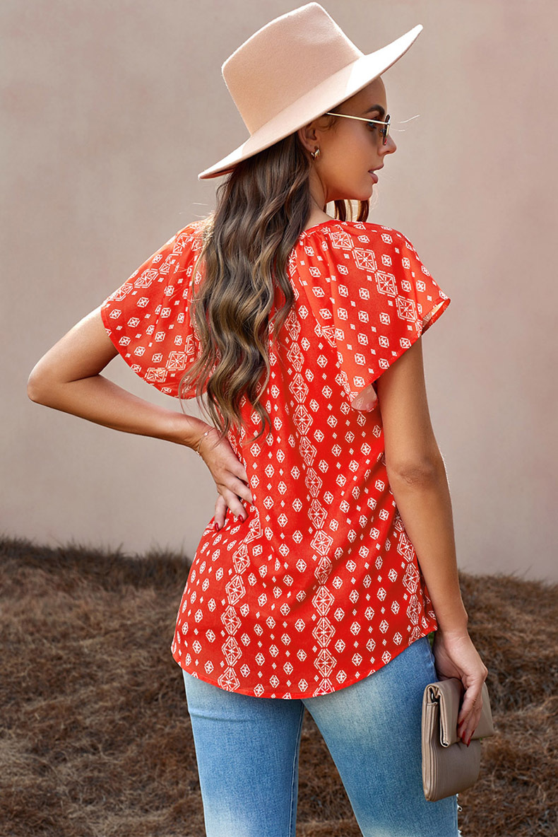 chiffon print short-sleeved loose V-neck lace-up top NSQSY128880