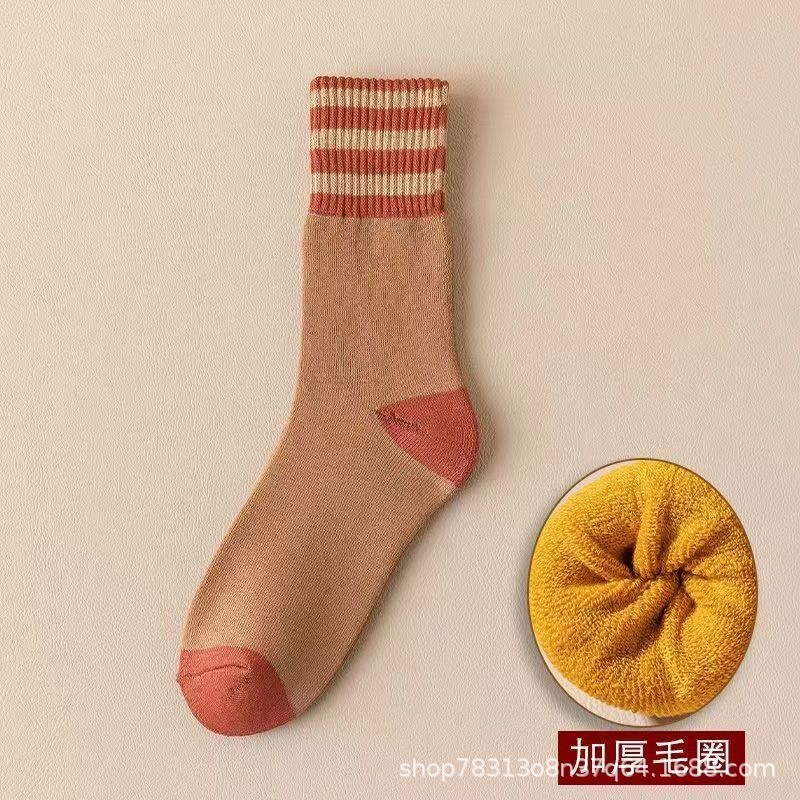 袜子冬季毛圈中筒袜加绒保暖休闲条纹运动防臭秋冬毛巾长筒女袜|undefined