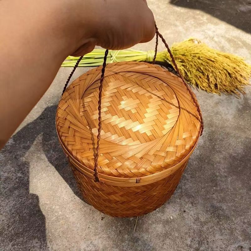 Cesta de Bambú Tejido Grande Redonda con Tapa para Regalos y Hogar