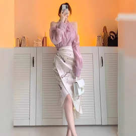 1928温柔茶系气质套装女早秋新款高级感韩系衬衫高腰半身裙两件套