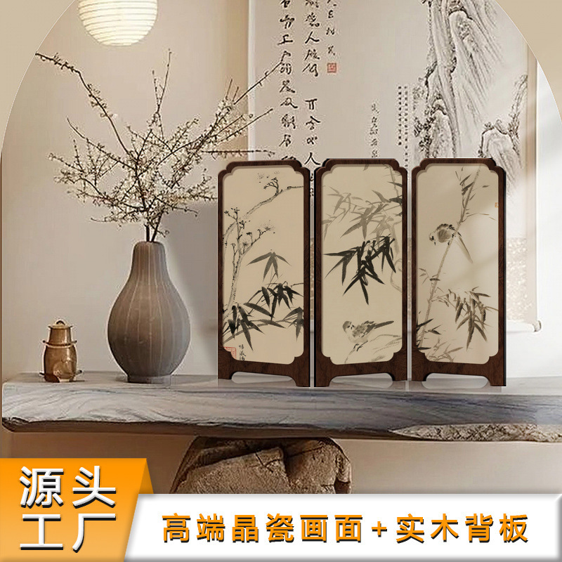 Vintage Style Ink Bamboo Small Screen Desktop Ornament, New Chinese Style Office Tea Table Entrance Cabinet Decoration, Retro Display Painting