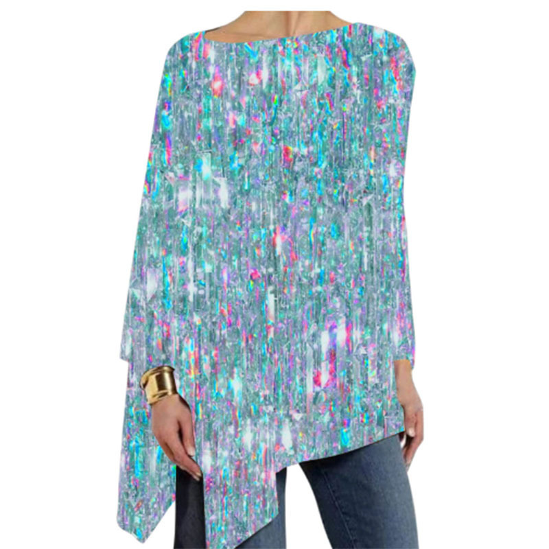2022 European and American new women's pullover long sleeve sequined 3D printed loose round neck urban casual women's T-shirt