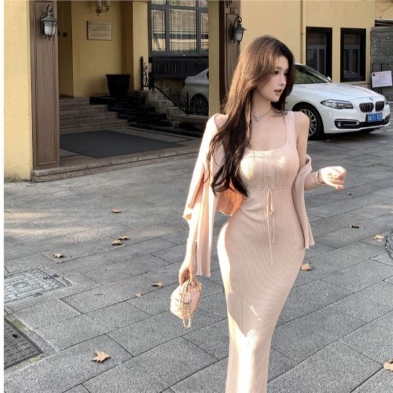 法式针织开衫+吊带连衣裙气质2025春季新款心机修身显瘦套装女装|undefined