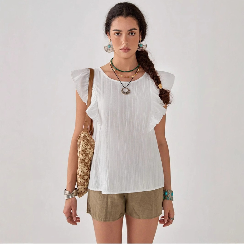 European and American Women's Clothing 2025 Summer New Style Ruffled Sleeveless Top Fresh Sweet Style Elegant Versatile Round Neck Top