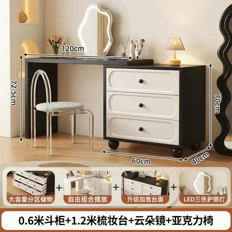 Xuanhei 120 테이블 + 60 검정색 세트 흰색 3단 서랍장 + 거울 + 아크릴 의자