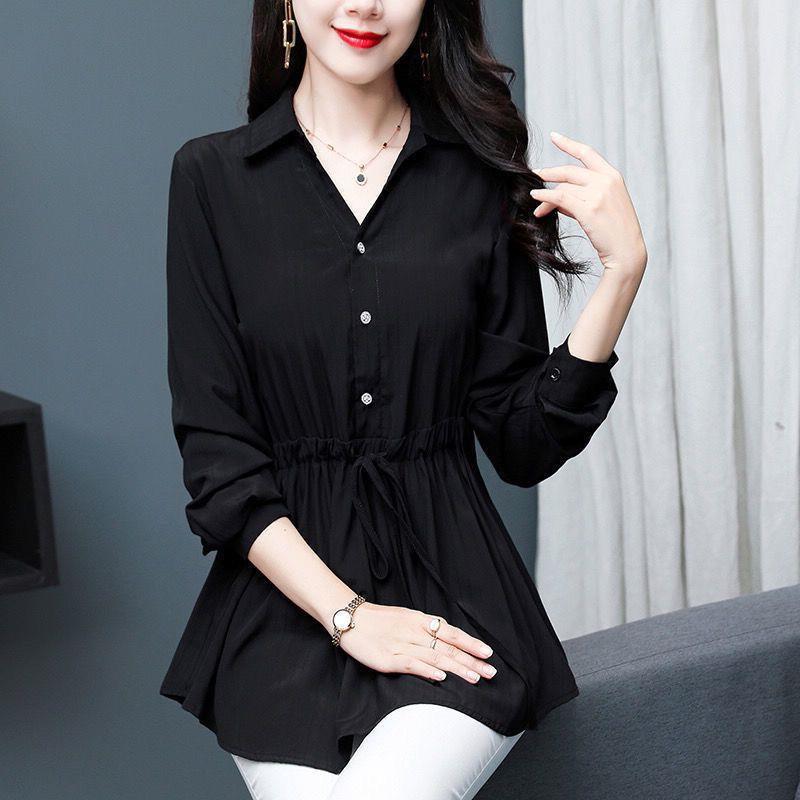 Long-sleeved waist slimming belly-covering bottoming shirt top plus size women's spring and autumn fashion 2021 new chiffon shirt Long-sleeved waist slimming belly-covering bottoming shirt top plus size women's spring and autumn fashion 2021 new chiffon shirt
