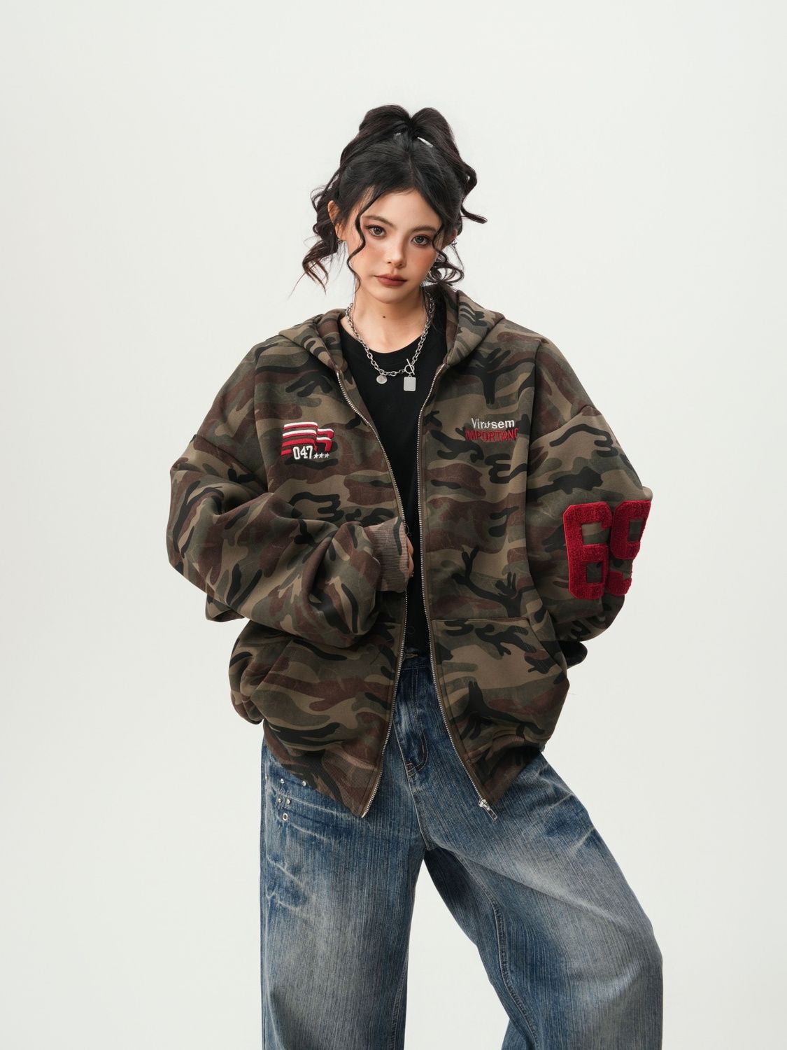 American Streetwear Camouflage Cardigan Hoodie Unisex Couples Spring Vintage Trendy Oversized Casual Hooded Sweatshirt