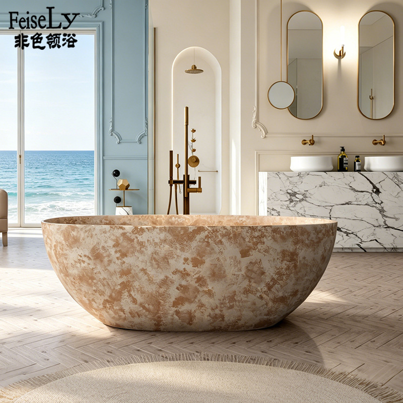 Chinese-Style Retro Artificial Stone Bathtub for Home, Hotel, and Villa Use, Light Luxury, Simple Art, Oval Freestanding Bathtub Chinese-Style Retro Artificial Stone Bathtub for Home, Hotel, and Villa Use, Light Luxury, Simple Art, Oval Freestanding Bathtub