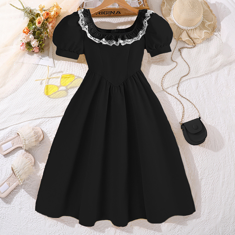 Girls' Summer French Elegant Style Dress Square Neck Puff Sleeve Princess Mid To Large Children's Clothing_voghion.com