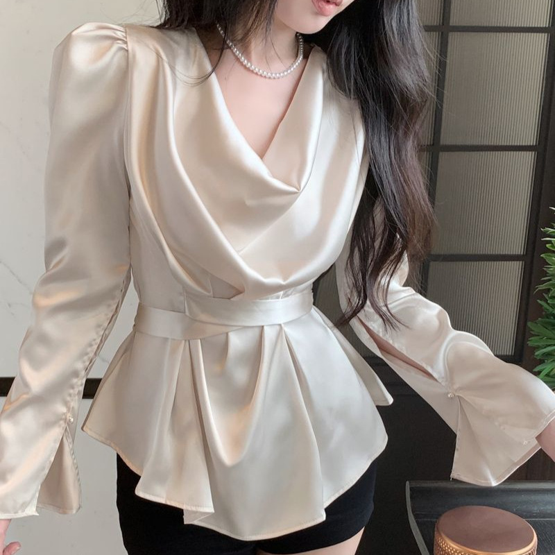 French-Style High-End Lace-Up Satin Shirt for Women, Autumn High-End Design, Niche Pure Desire, Waist-Cinching, Swung Collar Blouse French-Style High-End Lace-Up Satin Shirt for Women, Autumn High-End Design, Niche Pure Desire, Waist-Cinching, Swung Collar Blouse