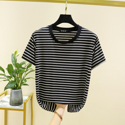 Bitumen fashion striped crew neck short sleeve T-shirt with hemmed edge, summer casual simple loose women's top