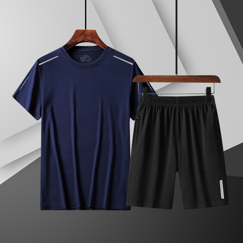 Summer Men's Sports Short-sleeved suit Ice Silk Quick-drying Breathable Solid Color Casual Round Neck T-shirt Sports Shorts 2-piece Set