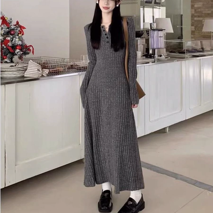 Трикотажное платье в стиле ретро с длинными рукавами, женское на весну и осень 2024, Новый французский дизайн, длинная юбка с узкой талией и темпераментом