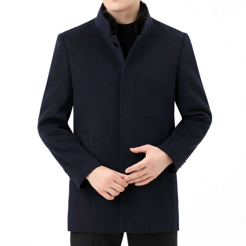 冬季男士双面羊绒大衣中年水貂毛领立领加厚中长款羊毛呢上衣外套