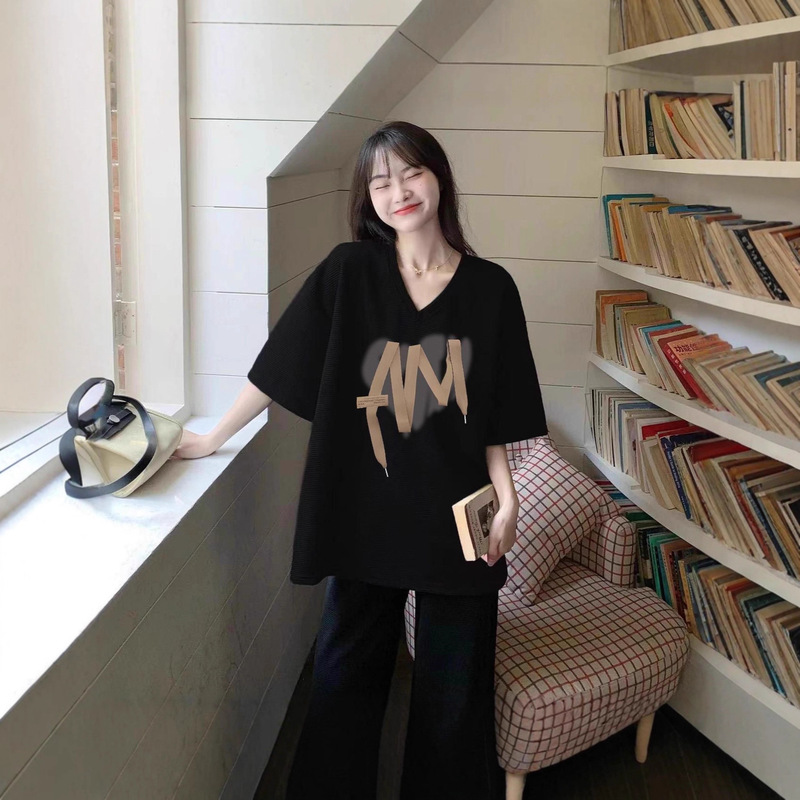 V-Neck Top with Elegant Design, Niche Short-Sleeved Loose Korean Style Student Versatile Ice Silk T-Shirt for Women Ins Trend