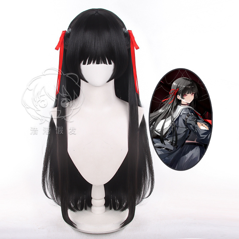 [Hao Gang] Mingchao Chisaki Cos Wig One-Piece Small Ponytail Natural Black Long Hair Comes with Red Ribbon