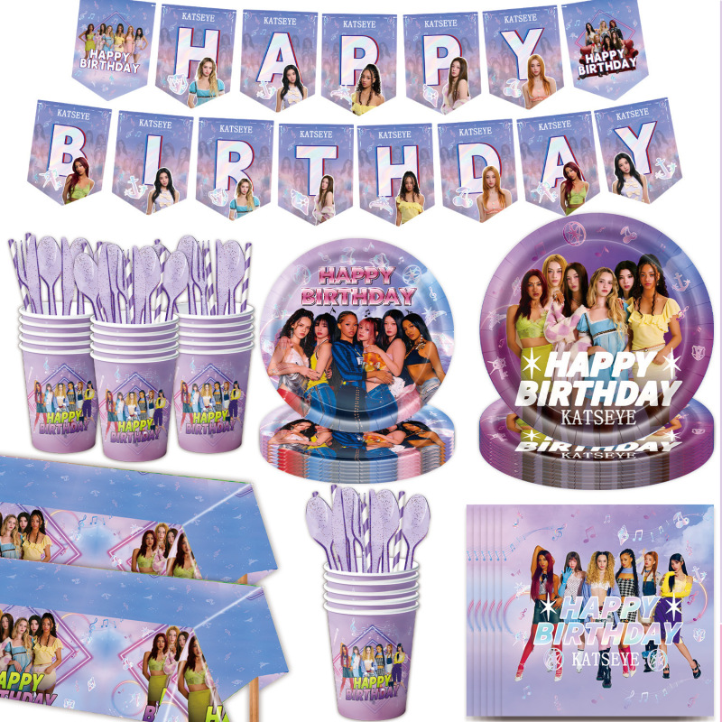 K-Pop Korean Katseye Girl Group Audition Girl Birthday Party Decoration Paper Plates Paper Cups Flag Banner Set