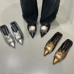 2025 Spring New Style Slippers for Women Outer Wear Fashionable European and American Style Metal Buckle Pointed Flat Bottom Baotou Half Slippers for Women