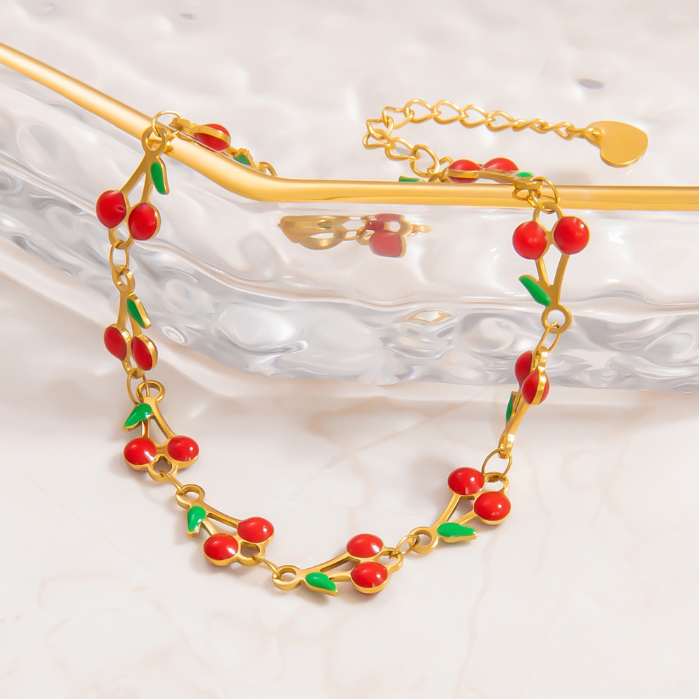 Real Gold Plated Plating Material 304 Stainless Steel Pendant Material PVD Coated Real Gold Plated 18K Gold Cherry 304 Stainless Steel Sweet Waterproof Non Tarnish 304 Stainless Steel Lobster Trigger Clasp Closure Bracelets