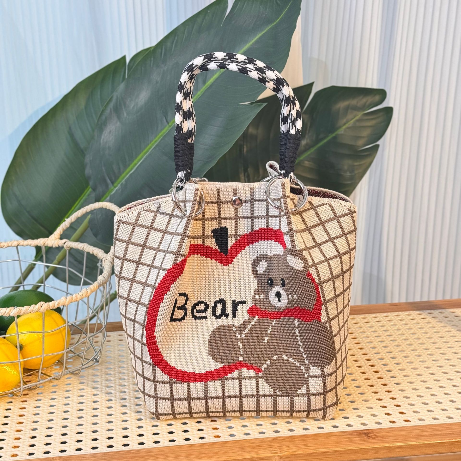 ニットハンドバッグ、ニッチデザインバケットバッグ、トートバッグ、ハンドバッグ、カジュアルで多用途なショルダーバッグ、ニットポータブルバッグ